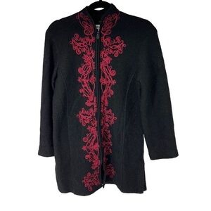 Coldwater Creek Black Red‎ Embroidered Wool Zip Up Sweater